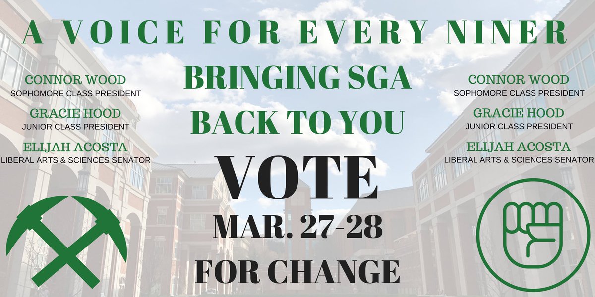 VOTEconnorw's tweet photo. A united SGA for a United UNCC #VoteforChange⛏ #VoteConnor #VoteGracie #VoteElijah https://t.co/zqBl7GDywj
