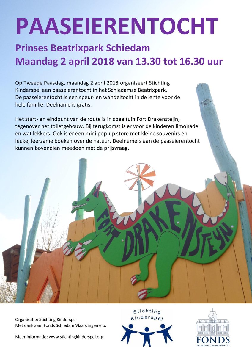 Tweede Paasdag, maandag 2 april is er weer een paaseierentocht <a href="/beatrixpark010/">beatrixparkschiedam</a> #Schiedam. Starten kan tussen 13.30 en 15.30 uur in speeltuin #FortDrakensteijn.