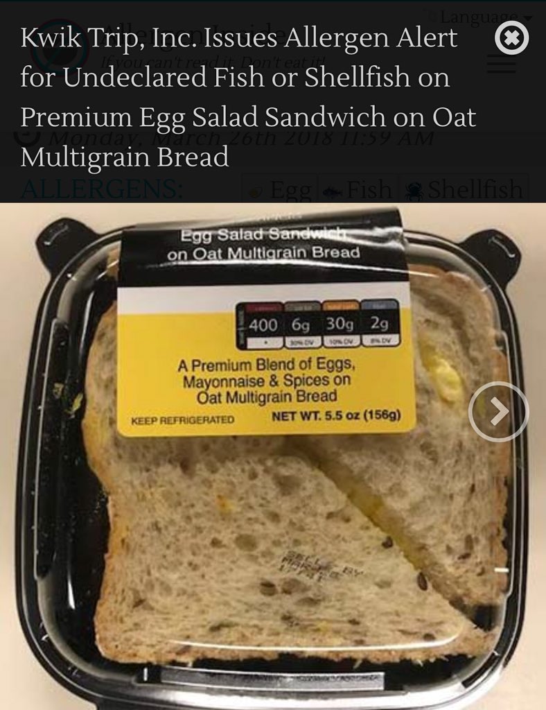 AllergenInside's tweet image. ‼️🐠 🦀 FOOD RECALL 🦀🐠‼️

@KwikTrip is recalling Cravings Premium Egg Salad Sandwich on Oat Multigrain Bread because it may contain undeclared imitation crab meat.

Read more and get these alerts at: allergeninside.com/view/recalls

#shellfishallergy #fishallergy #foodallergy