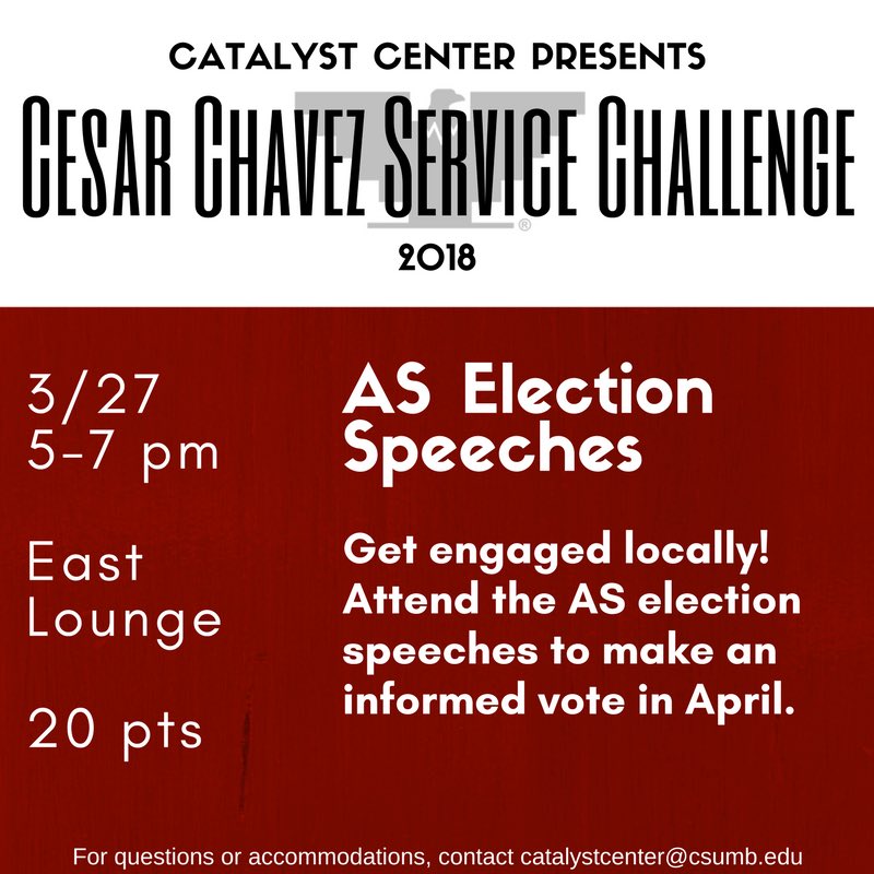 csumbCE's tweet photo. Cesar Chávez Service Challenge is here! Here are some of the events coming up! Don’t forget to register on our website TODAY! For questions or accommodations, contact catalystcenter@csumb.edu https://t.co/6zhyCZ0Fpz