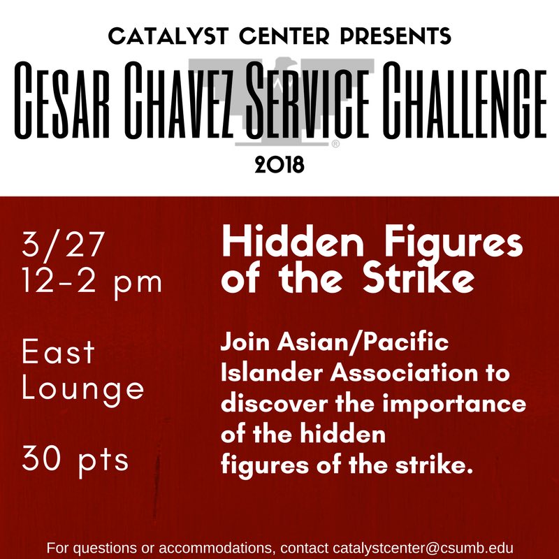 csumbCE's tweet photo. Cesar Chávez Service Challenge is here! Here are some of the events coming up! Don’t forget to register on our website TODAY! For questions or accommodations, contact catalystcenter@csumb.edu https://t.co/6zhyCZ0Fpz