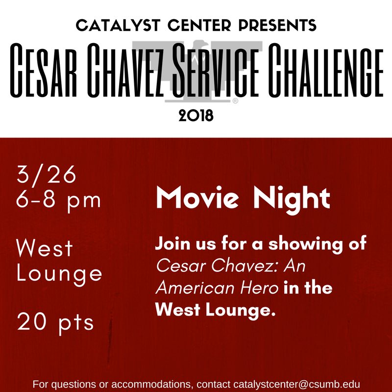csumbCE's tweet photo. Cesar Chávez Service Challenge is here! Here are some of the events coming up! Don’t forget to register on our website TODAY! For questions or accommodations, contact catalystcenter@csumb.edu https://t.co/6zhyCZ0Fpz