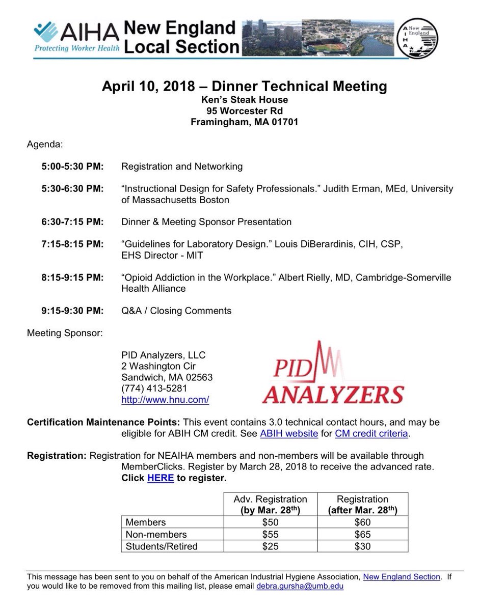 pidgirl's tweet photo. Instructional design for safety professionals with Judith Erdman from @UMassBoston is a featured lecture at the @NEAIHA April 10th meeting. Registration closes 3/28. Reserve your spot now-CIH’s and @AIHA members: ABIH CM credit eligible. #pidanalyzers is the vendor sponsor. https://t.co/dkH8F3RknW