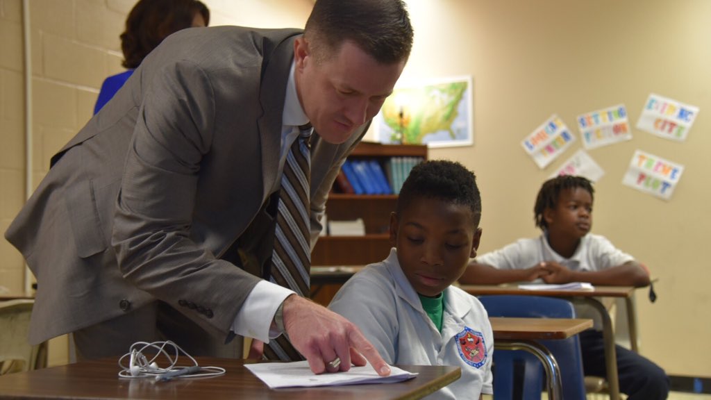 Spending his first day w/ some of the people who matter most. <a href="/cadebrumley/">Cade Brumley</a> takes a learning walk around Roosevelt Middle to understand the unique needs of students, teachers, &amp; staff. #JPPSS #LaEd