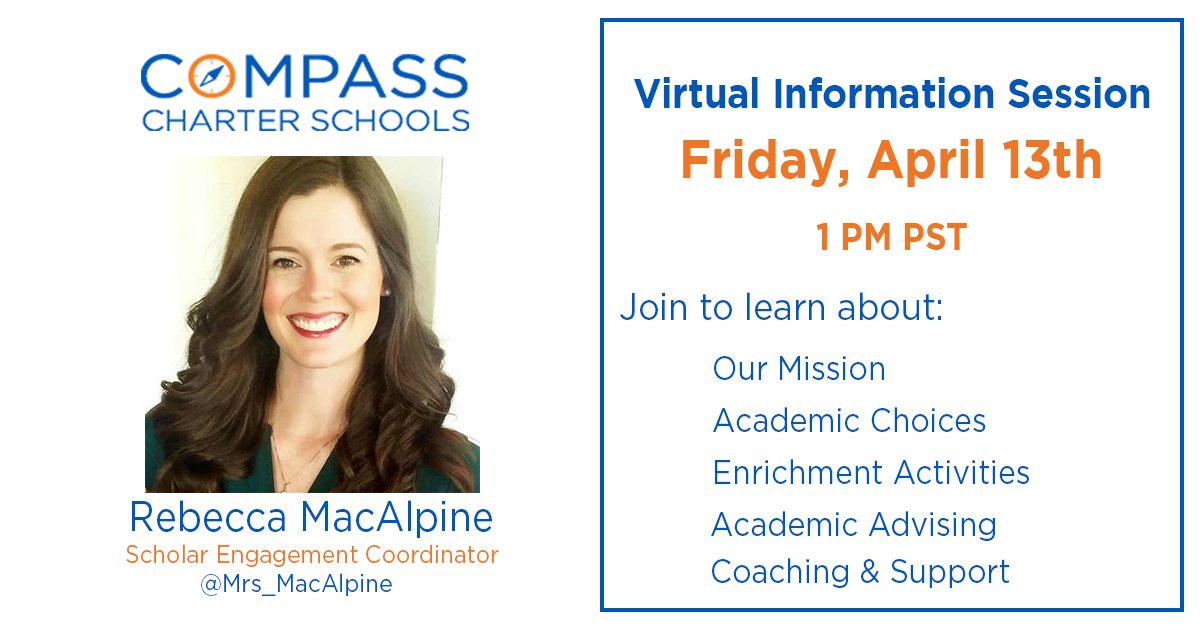 CompassCs's tweet photo. Join @Mrs_MacAlpine  for our next online information session on 4/13 at 1 pm! Come learn about our flexible #academic programs. Join here: https://t.co/O0mAhpMwC9 @FRESNOcharters @ABC30 @FresnoBee https://t.co/dtDBtCK5YN