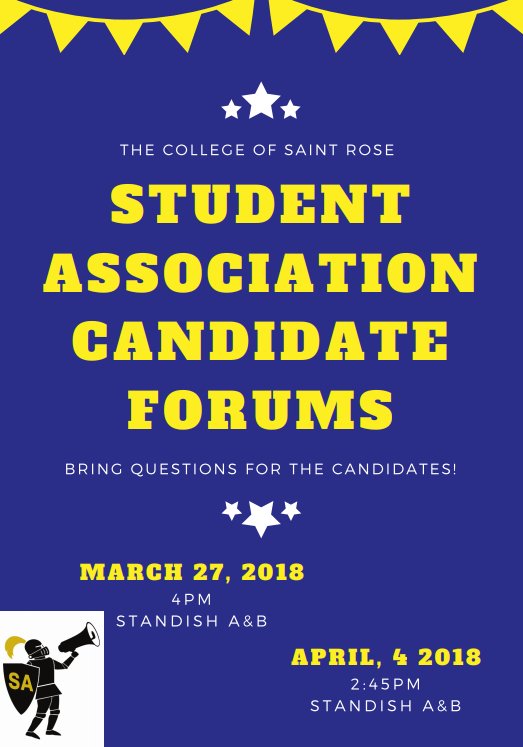 StRoseSA's tweet image. TOMORROW (3/27) at 4pm in Standish A&amp;amp;B we will be hosting the Candidate Forum! Come by to listen to the candidates who are running for the Student Association Executive Board for the 2018-2019 school year. We hope to see you there with questions for the candidates!
