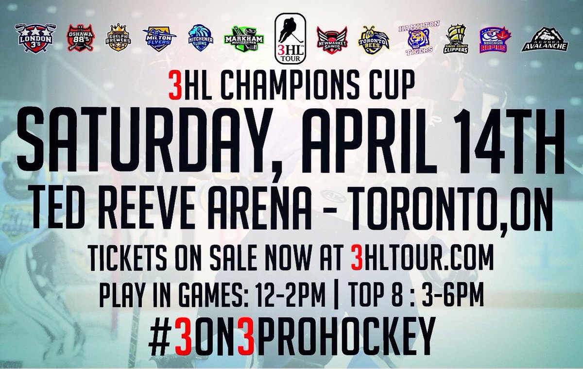 3HLGuelph's tweet photo. #3on3ProHockey is headed back to Toronto! 
#3HLChampionsCup 
Saturday, April 14th, 2018
Ted Reeve Arena - Toronto,ON 
Tickets on sale now!
https://t.co/b0l8sCpppD 
#OvertimeAllTheTime #BrewCrew🍻 https://t.co/EeiKJJIJIk