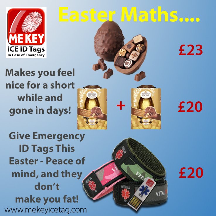 Buy MEkey ICE ID for family, friends and loved ones this Easter - peace of mind is better than a piece of chocolate.  Emergency &amp; Medical ID easily available with all MEkey ICE ID products
 Available at: mekeyicetag.com