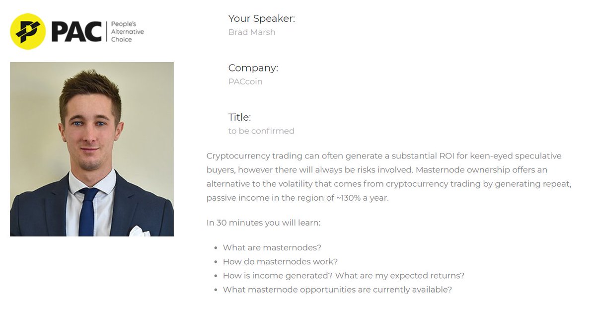 BradMarshVA's tweet photo. Confirmation of my #keynote #speech at the @LDN_CryptoShow on April 14th. I will be covering investment opportunities in #masternodes and highlighting how $PAC is leading the way in terms of ROI. #paccoin https://t.co/BN8kdAIwG2