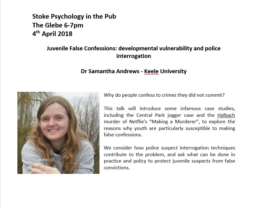 Gosh! April is almost here already, which means that it is time for <a href="/StokePitP/">Stoke PitP</a>  On the 4th April we have Dr Andews from <a href="/KeelePsychology/">Keele Psychology</a> talking about juvenile false confessions. See you there, 6pm. <a href="/StaffsPsych/">Staffs Uni Psychology</a>