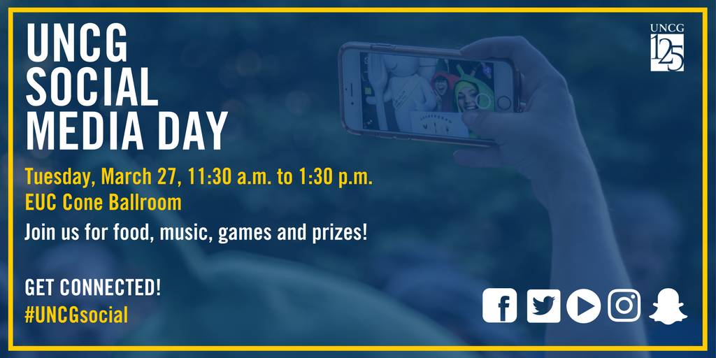 HigheredTerry's tweet photo. Join @UNCG tomorrow for social media day! Learn more about making the most of your social media accounts and connect with different people and accounts on campus! #uncgsocial https://t.co/yUa95SixHL
