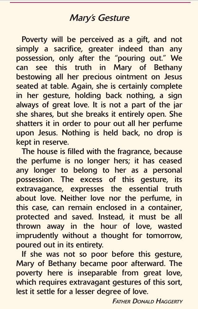 onegroovynun's tweet photo. “She shatters her jar in order to pour out all of her perfume on Jesus. Nothing is held back, no drop is kept in reserve.” #HolyWeek #MondayMotivation https://t.co/B5tgBZsonW