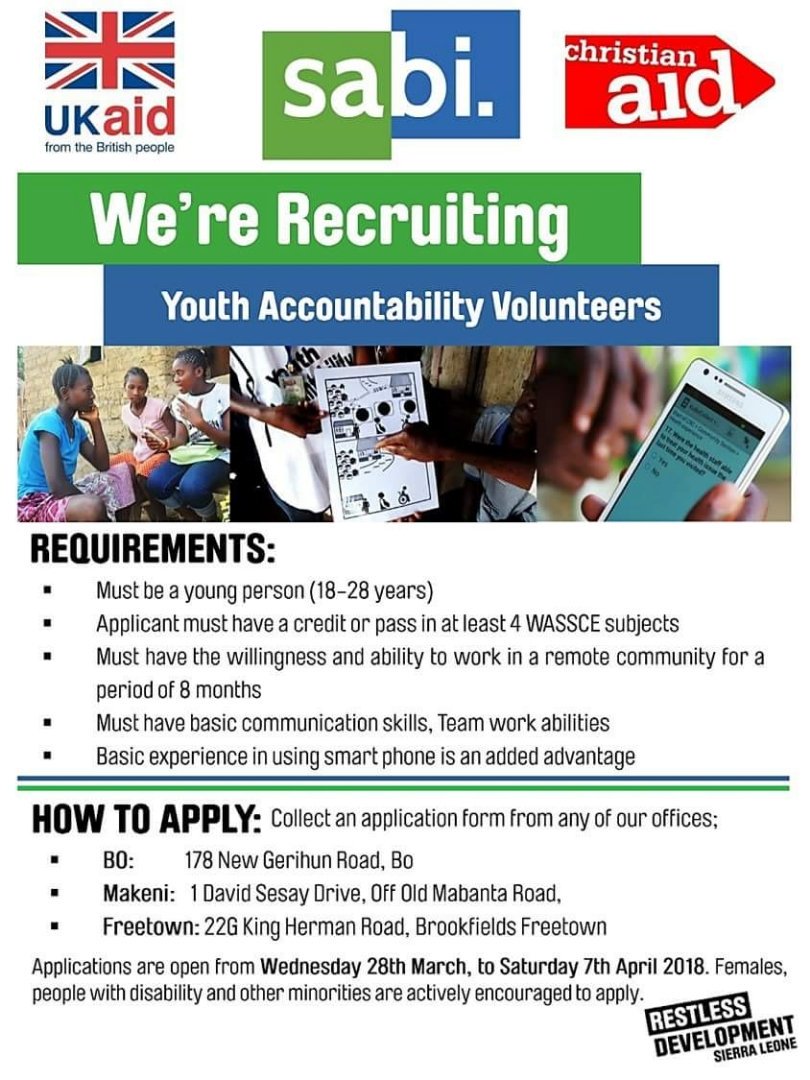Math4969's tweet image. EXCITING NEWS FOR YOUNG PEOPLE IN SIERRA LEONE.

Restless Development is recruiting 2018 Youth Accountability Volunteers. 

#SABI #RestlessSierraLeone