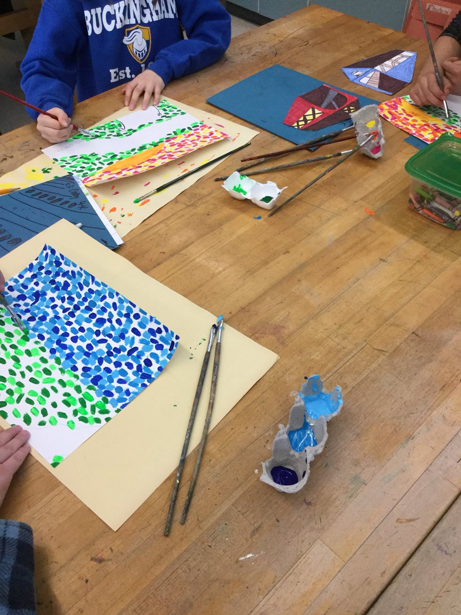 CBmwestART's tweet photo. @CB_Buckingham 4th graders worked on Bucks County Impressionist landscapes today. Students had to draw a barn or bridge in 1-point perspective, and now they are working on backgrounds full of brush strokes! #cbsdart #arted #localart https://t.co/kzJwnWga0F