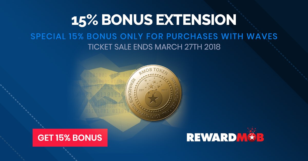 wavesprotocol's tweet photo. RewardMob is offering an exclusive 15% bonus on all ticket purchases using Waves. Offer ends tomorrow, March 27th at 8 pm GMT. Visit https://t.co/iAlzcWx9dk to buy now! Only one day left!

#WavesPlatform #RewardMob #MobileGaming #Blockchain #Cryptocurrency $WAVES $RMOB https://t.co/n11xG5KSKu