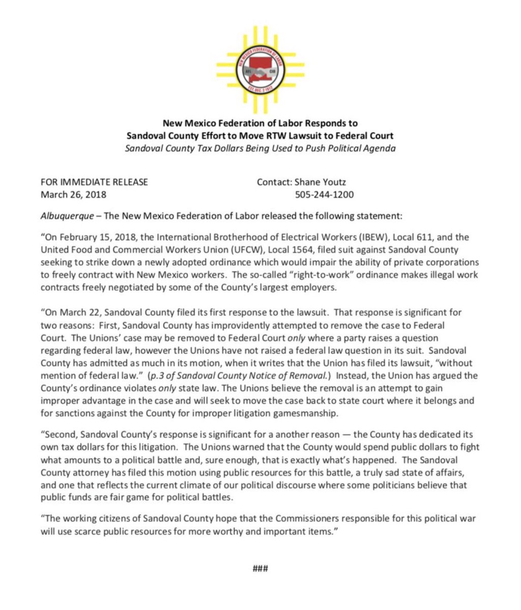 NMFLaflcio's tweet photo. For Immediate Release: New Mexico Federation of Labor Responds to Sandoval County Effort to Move RTW Lawsuit to Federal Court -- Sandoval County Tax Dollars Being Used to Push Political Agenda #RTWexposed .@AFLCIO https://t.co/1MhFC6ock8