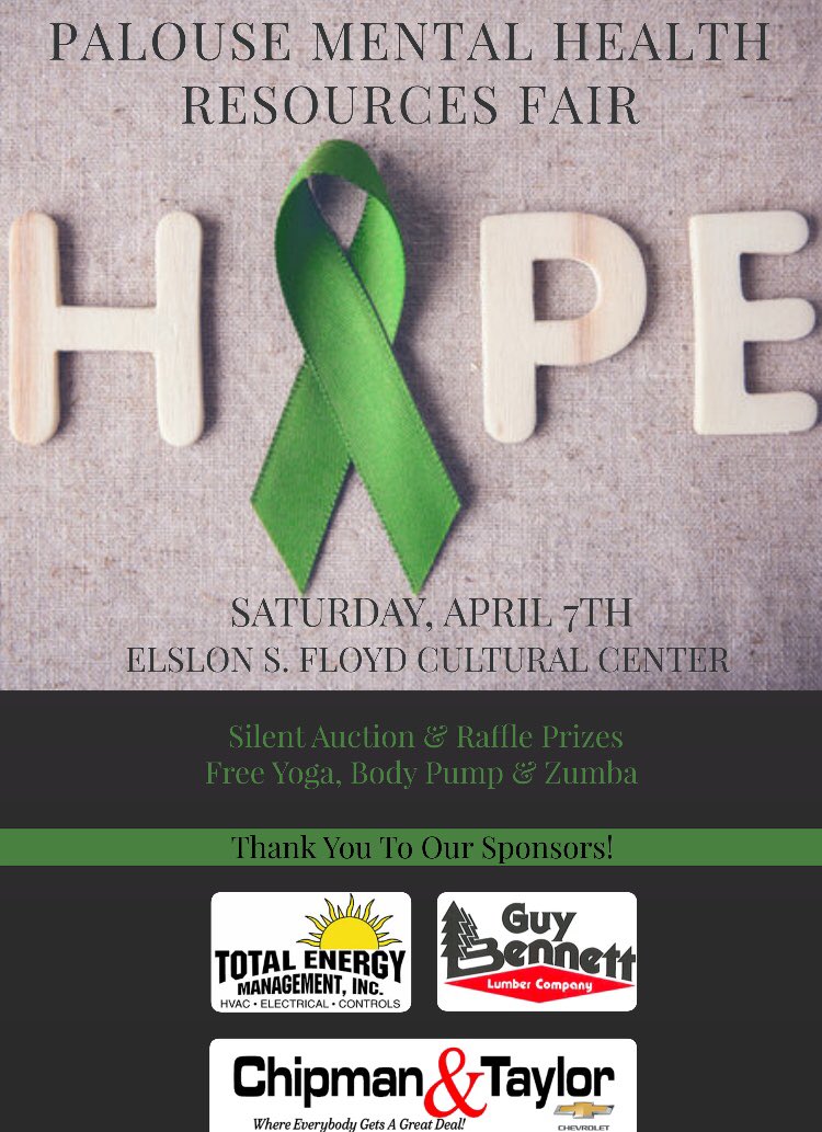 PalouseFair's tweet image. Join us to break  the stigma on the Palouse! We are a non-profit organization working to make a change ! Palouse Mental Health Resources Fair is here to showcase mental health methods and resources for our community members. 
fitness-fulfillment.com 
#WSU#Pullman#breakthestigma