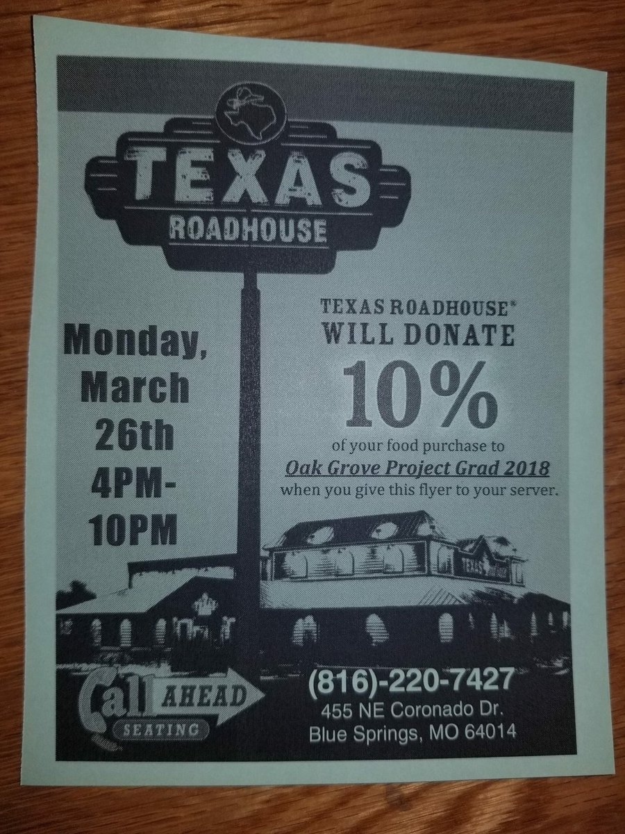 2018_ogprojgrad's tweet image. Make your dinner plans at Texas Roadhouse tonight!!  10% of your food purchase goes towards #ProjectGrad when you bring in this flyer! #ClassOf2018