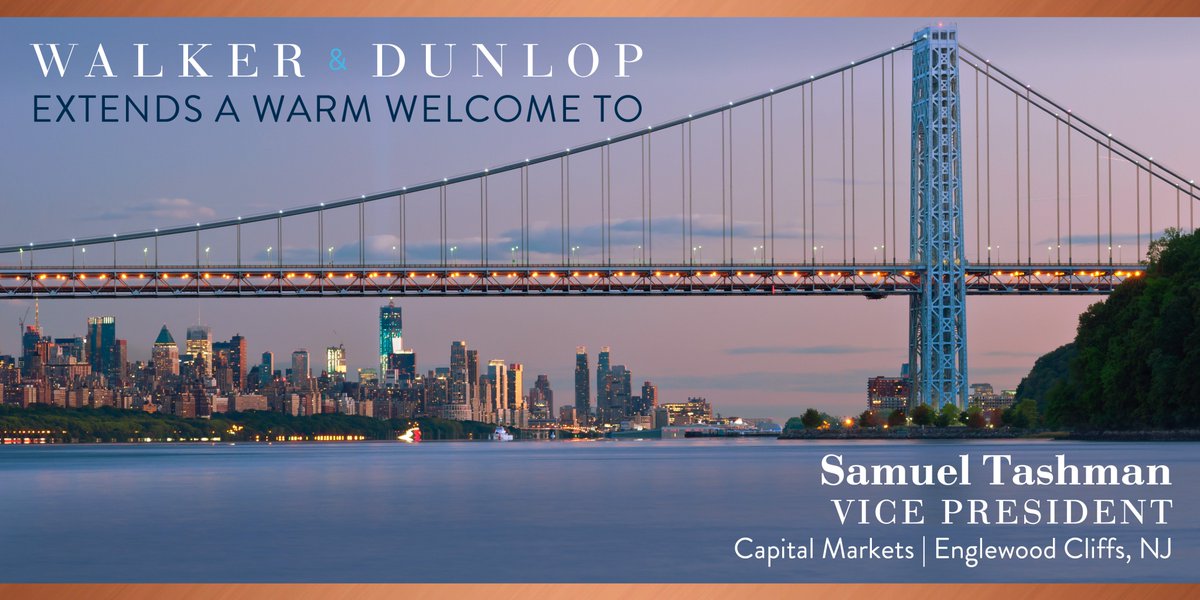 WalkerDunlop's tweet photo. Today we welcome Samuel Tashman as a vice president in our Englewood Cliffs, NJ office. Samuel will be joining our Capital Markets team, sourcing and structuring loans for all commercial real estate property types.

Welcome to the W&amp;D team Samuel! #WDinTheField #CREfinance #CRE https://t.co/7NzSZv4imO