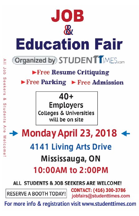 Hello,  <a href="/Mississauga411/">Mississauga411</a> 
If you could please post our attached flyer to your community boards, send it out to interested candidates in your network, and promote the Job and Education Fair on your social media accounts it would be much appreciated!