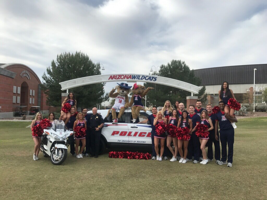 Thank you <a href="/ArizonaCheer/">Arizona Cheerleading</a> <a href="/AZWilburWildcat/">Wilbur T. Wildcat</a> <a href="/AZWilmaWildcat/">Wilma T. Wildcat</a> for taking time to help us with our @UofAZPolice photo shoot this morning. You all do so much for our @UofA and Tucson communities.  You’re terrific! A special thanks for this picture with me!  🐻⬇️ #GoCats