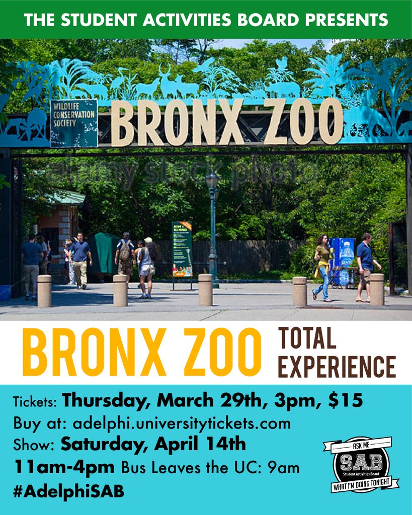 AdelphiSAB's tweet image. It's our last off campus trip of the semester! This Thursday at 3pm grab your tickets for the Bronx Zoo! The trip is Saturday, April 14th. Tickets are only $15 at adelphi.universitytickets.com #AdelphiSAB