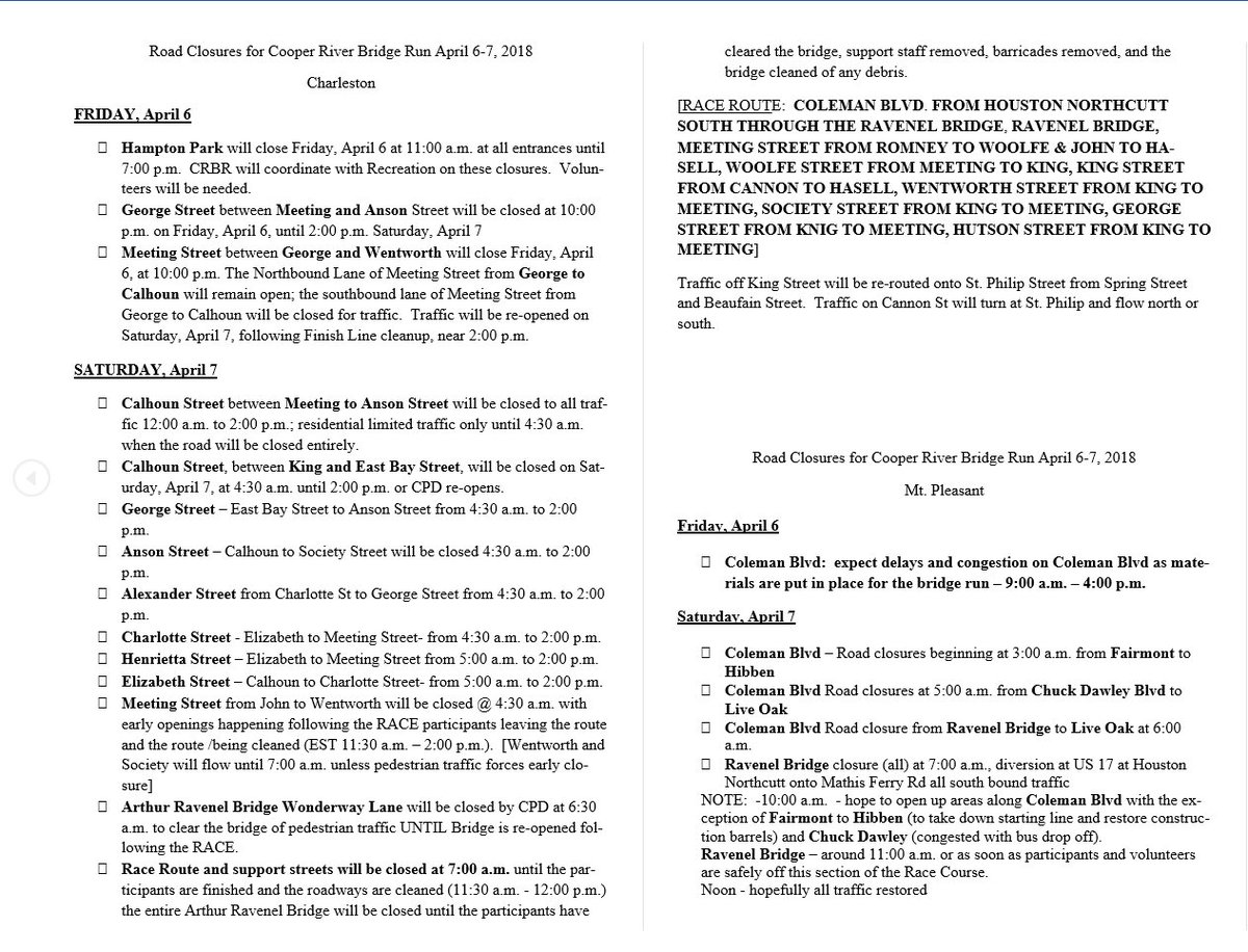 Road closures for the Cooper River Bridge Run which will be held April 6, 7, 2018.
