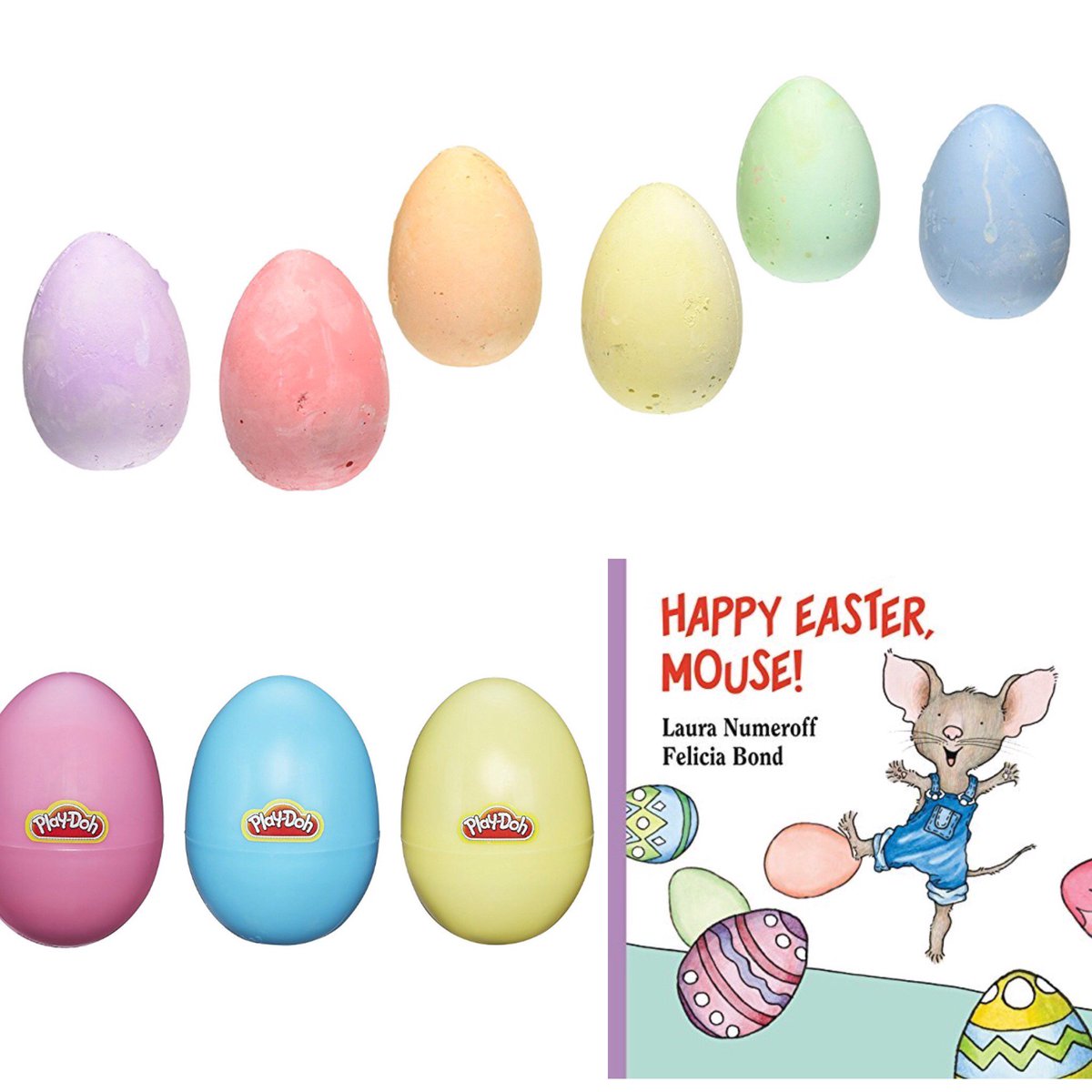 Hippity hop! Easter is almost here. Non-edible treats for littles: egg sidewalk chalk, egg play doh and of course a classic story about a mischievous mouse. Great for The Hunt or as basket stuffers. #easter #easterbasket #chalk #eggs