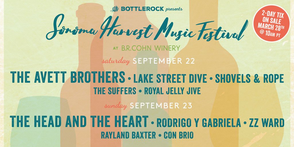 BottleRockNapa's tweet photo. Just announced: BottleRock Presents and @BRCohn are excited to announce the Sonoma Harvest Music Festival!  🍷🎶☀️Join us on 9/22 &amp; 9/23 to see @theavettbros, @headandtheheart, @rodgab + more at B.R. Cohn Winery. Tix on sale Wed 3/28 @ 10am PT. 
Info --> https://t.co/wG80BA8TpQ https://t.co/Po1YdVr9yA