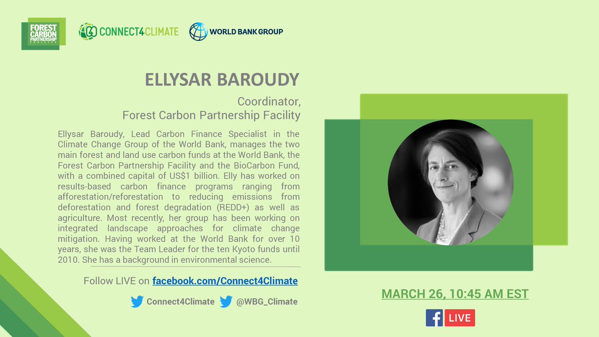 WBG_ClimateEnv's tweet photo. LIVE NOW: Ellysar Baroudy, Forest Carbon Partnership Facility coordinator, tells us about the importance of #forests for development. Follow: https://t.co/tVPojx7ZX9 #C4CZone #BetterWithForests https://t.co/Rf2vVJnPDd