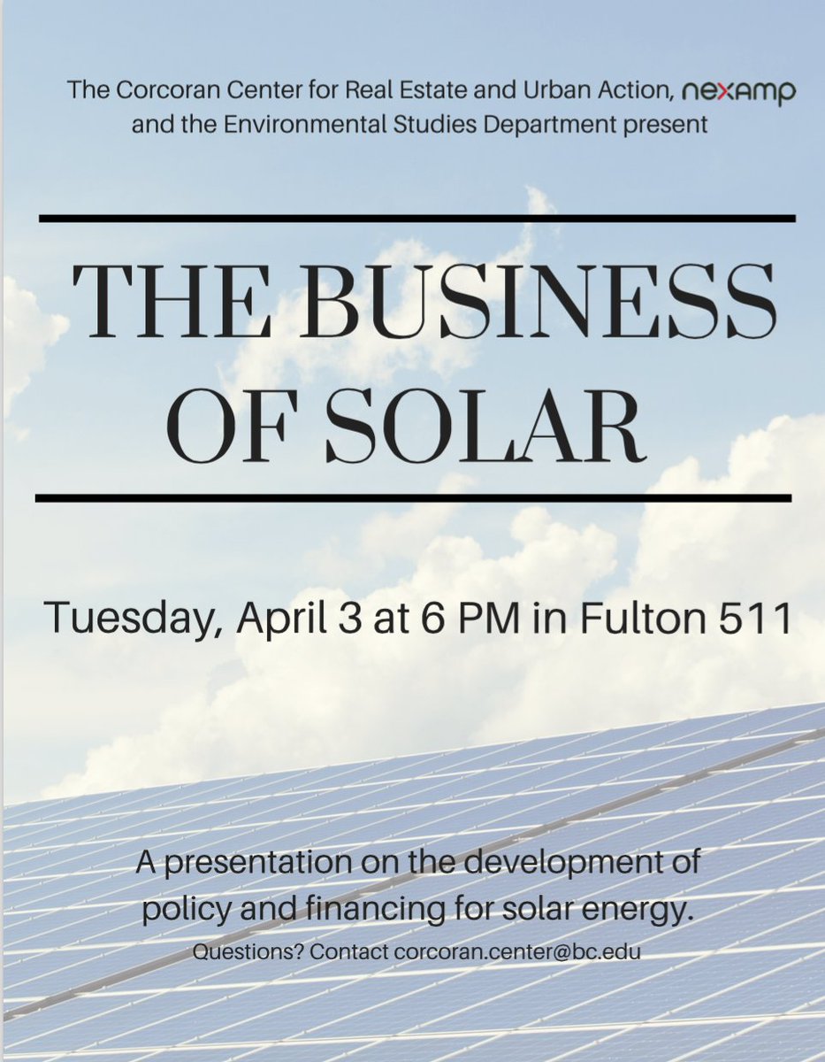 corcorancenter's tweet photo. Learn about financing and policy development for #solar energy from @Nexamp  on 4/3 at 6 PM in Fulton 511 https://t.co/RkeigT6ojw