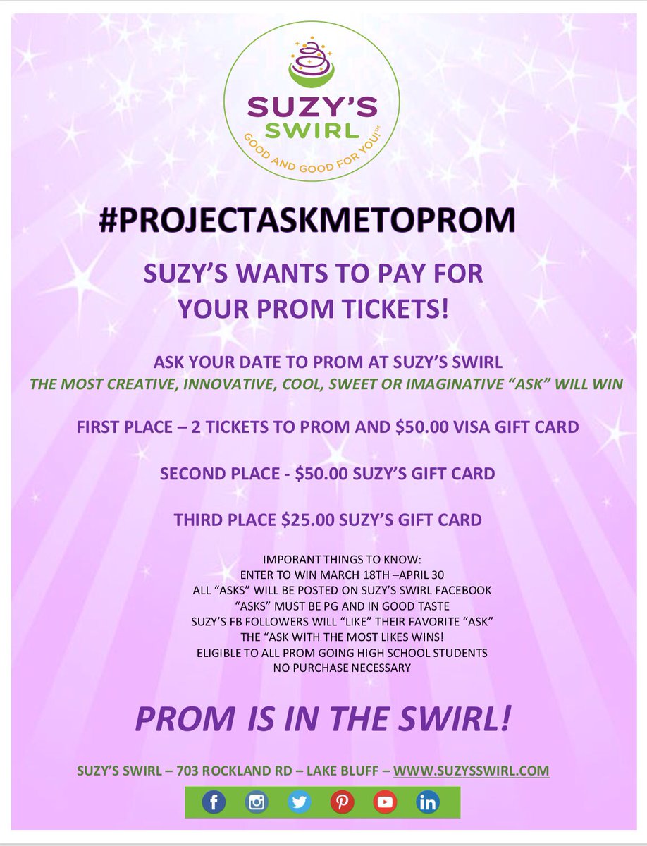 SuzysSwirl's tweet image. @LFHS_LakeForest 
#ProjectAskMeToProm 
Suzy’s wants to pay for your prom tickets!