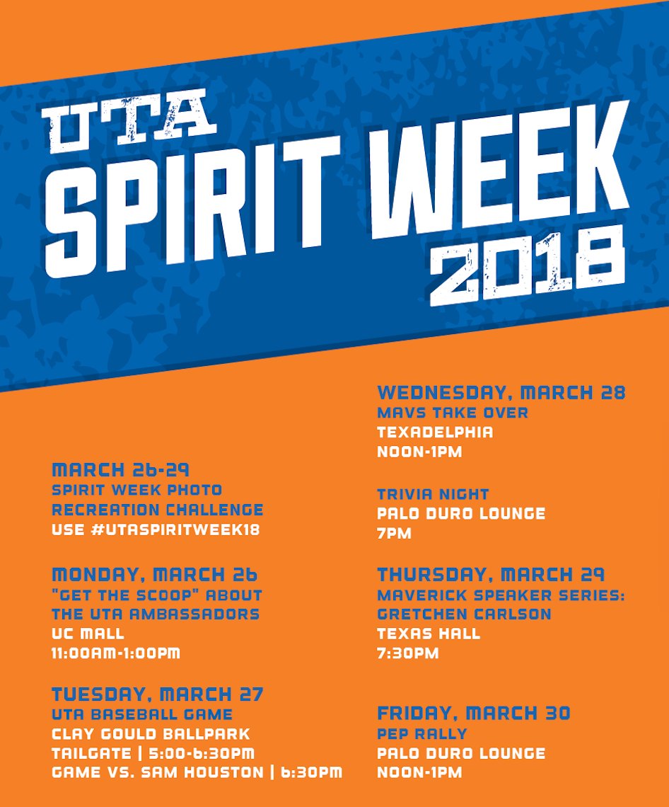 Stop by one of the many great events this week and show your school spirit!! #UTA #MavUP #SpiritWeek