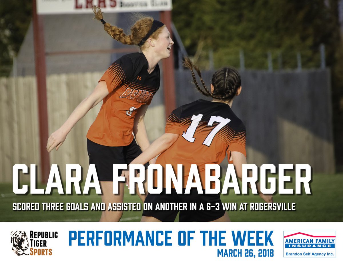 Republic_Tigers's tweet photo. Clara Fronabarger had three goals and an assist at Rogersville, and it was our American Family Performance of the Week! https://t.co/w4jtP20nVU