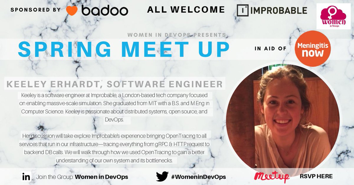 WomenInDevOps's tweet photo. We are proudly sponsored by @Badoo and @Improbableio for our first ever meet up talks on April 5th. With our first confirmed speaker from @Improbableio, the event is £5.00 with all proceeds going towards @MeningitisNow. Link Below:

https://t.co/8XVVqdd0fD

#WomenInDevOps #MeetUp https://t.co/aalqsN4NwB