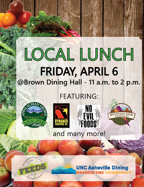 uncaEATS's tweet photo. Get ready for our second #LocalLunch on Friday, April 6, from 11-2 in Brown! Come out and meet our local partners including @DynamiteRoastin , @hickorynutgap , @noevilfoods , and many more! @UNCADeptEduc @UNCANews @UNCADogNation @UNCASEC #uncaeats #avleats #avllocal https://t.co/u2xxJ10rHG