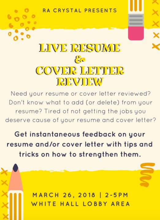 TUJWhite's tweet photo. Need your resume reviewed in a flash? Come visit RA Crystal in the lobby from 2-5pm today! https://t.co/A6EAdHiCO6