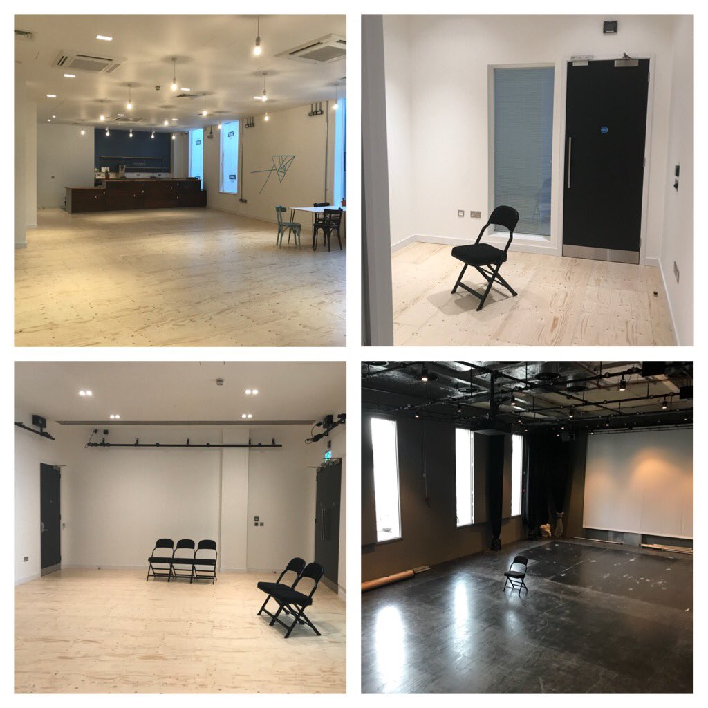 The many shiny faces of Streatham Space Project. Starting top left and working clockwise; The cafe/bar, the meeting room, the main space and the rehearsal room. All available to hire for multiple uses with high end spec. Watch this space for individual room descriptions.