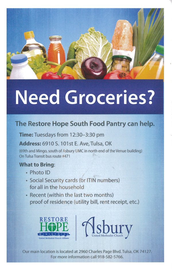 Need groceries? Restore Hope South Food Pantry can help.