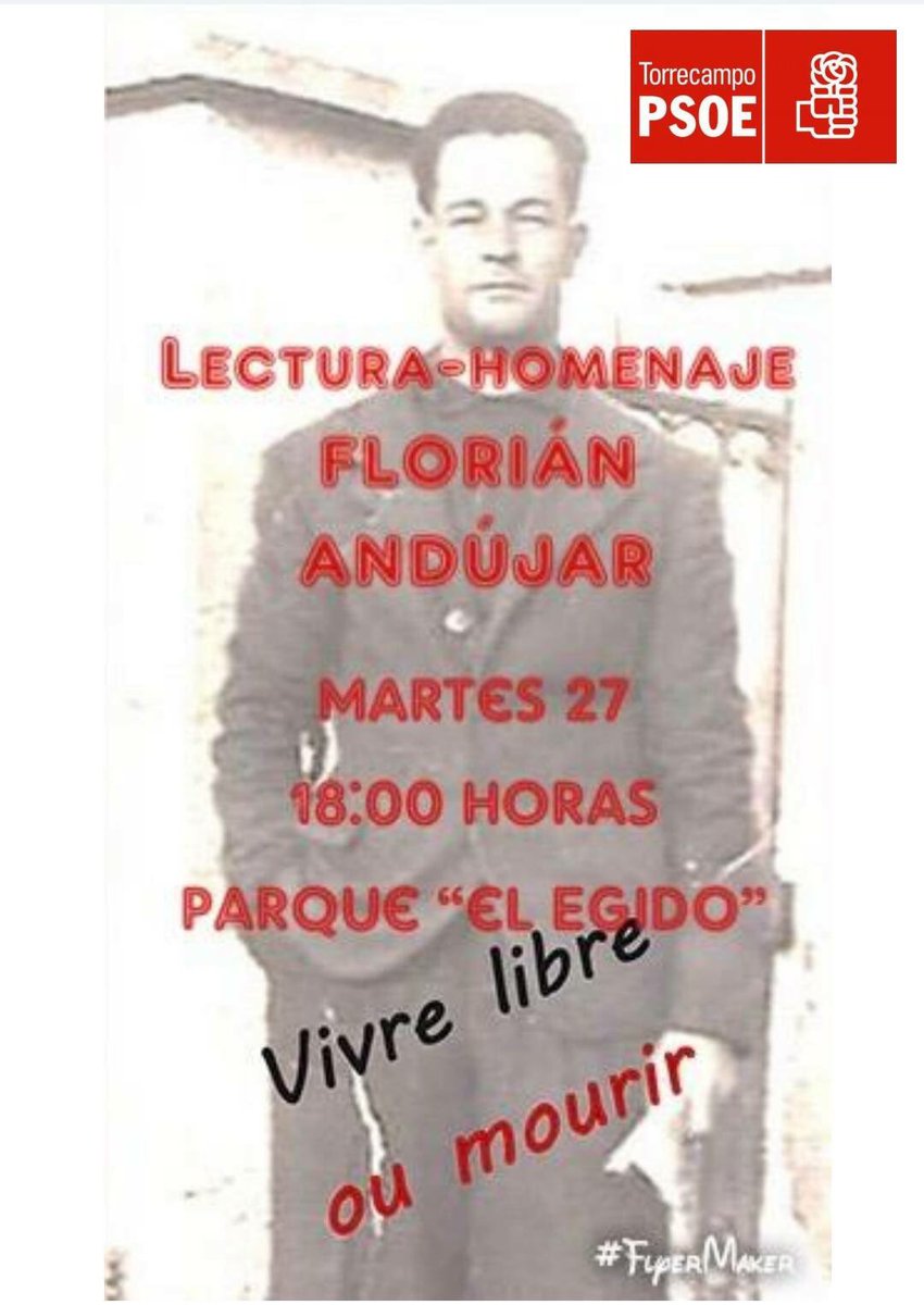 PsoeTorrecampo's tweet photo. Lectura-homenaje en honor a Florián Andújar.
Martes 27 de abril a las 18:00 de la tarde en el Parque «El Ejido». https://t.co/wRHRwOU76u
