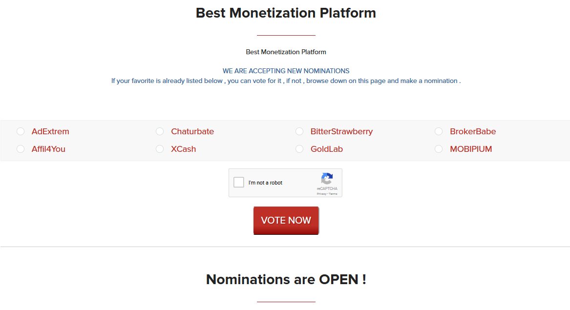 theAWMedia's tweet photo. Nominations are still open for BEST MONETIZATION platform at 2018 AW AWARDS . Who's going to reach the final 5 ?
@BitterStrawbery @brokerbabe @Affil4you #GoldLab @mobipium #adextrem #XCash @Chaturbate
Nominate of vote : https://t.co/LFd9YTLObr
@theAWMedia #TheOriginal #AWSummit https://t.co/Okjds6CcGS