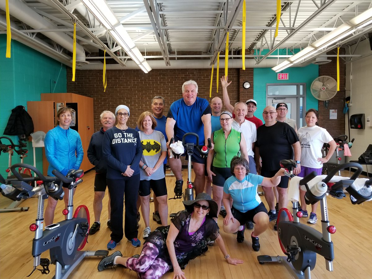 ymcahbb's tweet photo. Great photo finish for these riders at the #RonEdwardsY in our Endurance Spin class. They gather every Sunday during the winter months to train. Thank you to Ron &amp; Kim for leading this class as dedicated YMCA volunteers. Come out and join the fun next winter season! #ywearehere https://t.co/icXDiK8Baw
