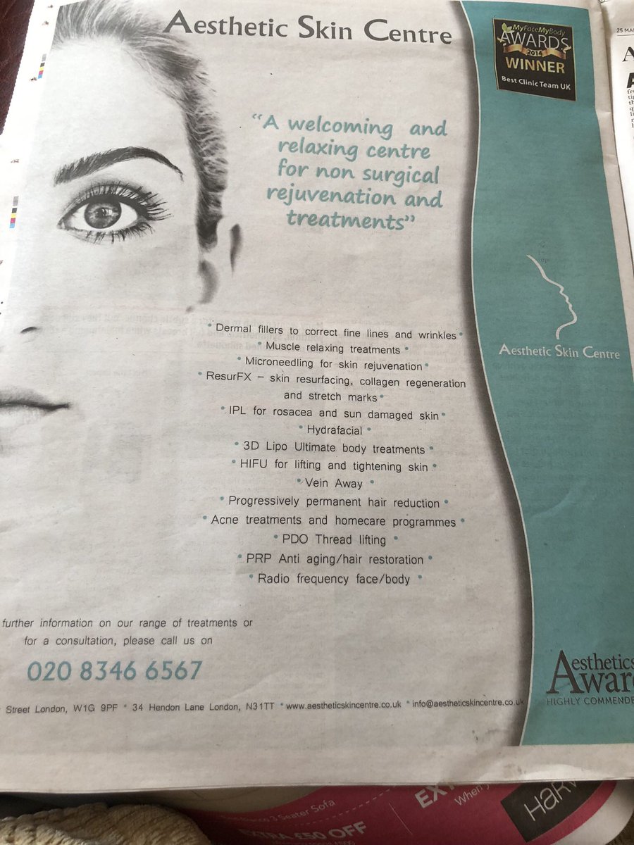 ASkinCentre's tweet photo. Did you spot us in the #mailonsunday yesterday? @profhilo_uk #resurfx https://t.co/zSJqeEd0tG @DailyMailUK https://t.co/B3jtAVSpZX