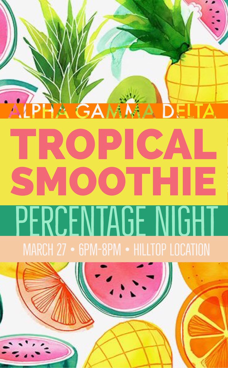 Come join us TOMORROW NIGHT and grab a smoothie! 🍉🍍🍊🍋🥝🍓 <a href="/TSMOOTHIEjboro/">Tropical Smoothie</a> 
•Where: Hilltop Location 
•When: 6pm-8pm
