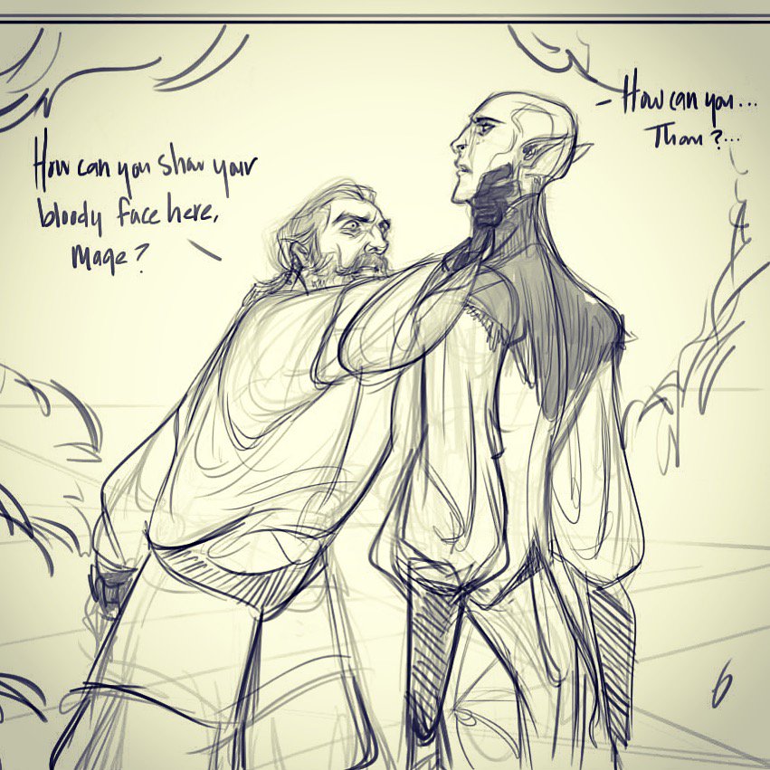 Threw some color on a sketch I did-Thom and Fen'harel in a heated exchange, post Inquisition/Trespasser. #illustration #dragonage #dragonageinquisition #characterdesign #conceptart #solas #bioware 