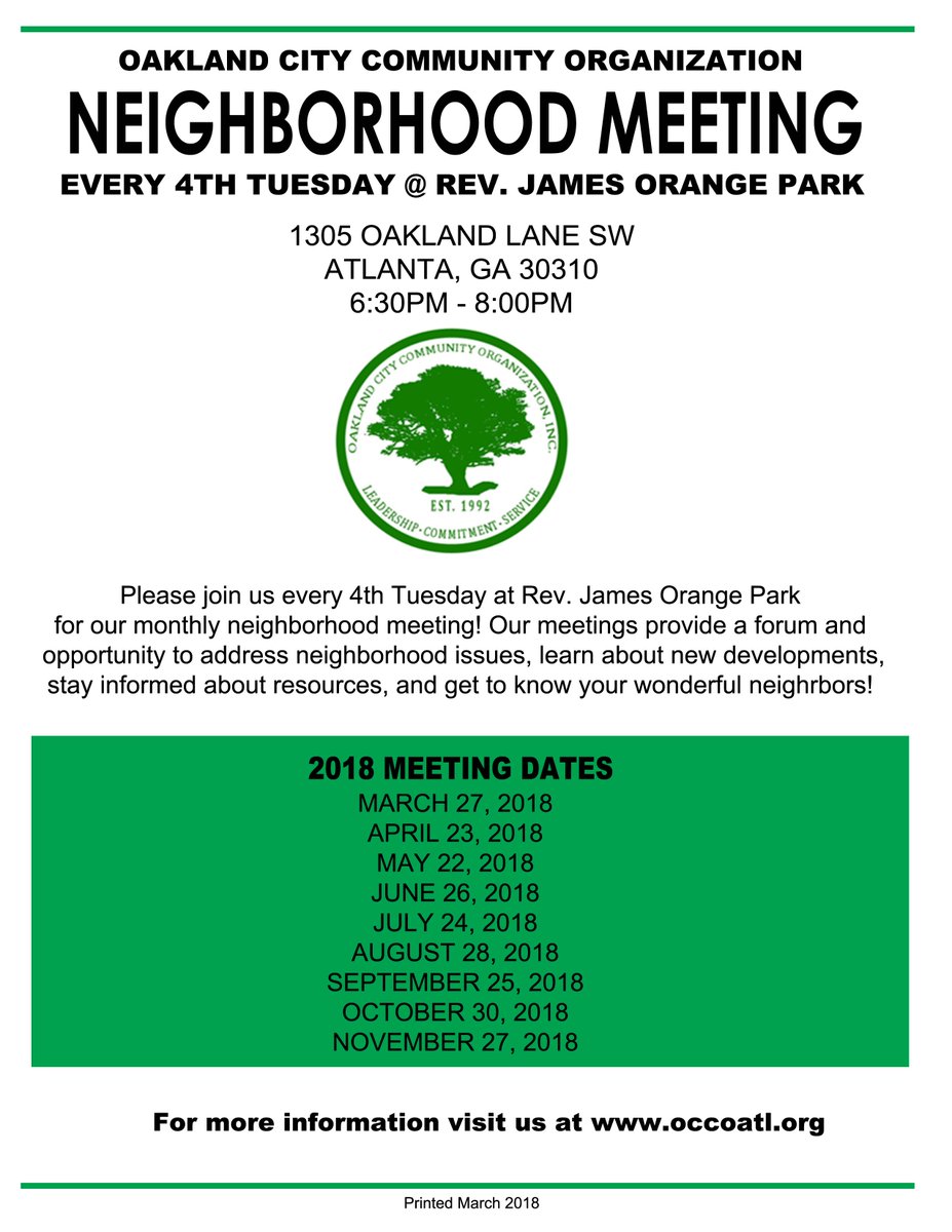 Join us tomorrow, March 27 (6:30pm - 8:00pm) @ James Orange Park, 1305 Oakland Drive for our monthly OCCO meeting. We'll be joined by Councilwoman Winslow, @AtlantaBeltLine, @Atlanta_Police (Zone 4), @GA_STANDUP & the Atlanta Land Trust. 
#Oaklandcity #atlanta #atlbeltline