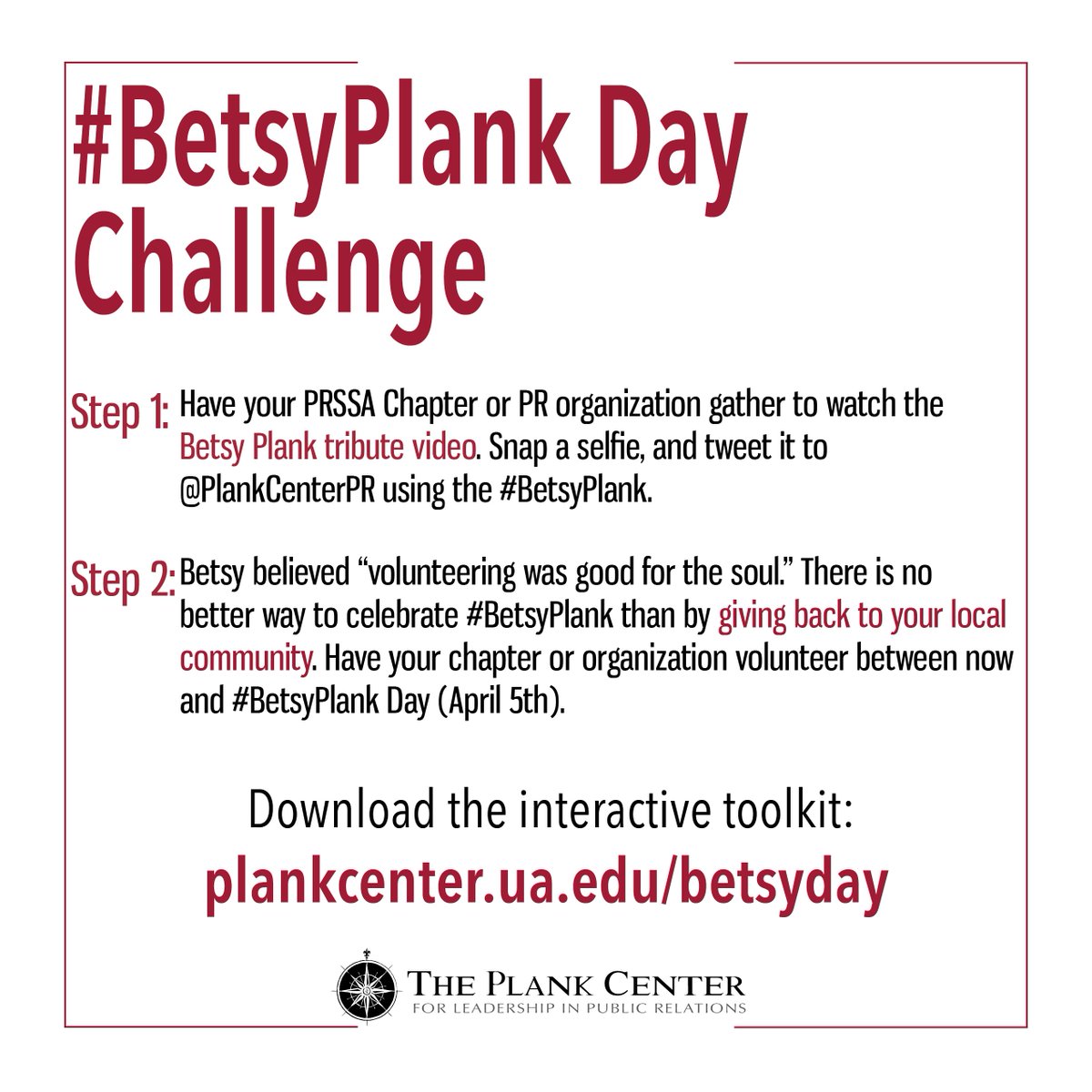 PlankCenterPR's tweet image. Who will be 👑 the #BetsyPlank Day 🏆 Champions? #PRSSA Chapters &amp;amp; #PR orgs., download the tool kit to get started: plankcenter.ua.edu/betsyday/