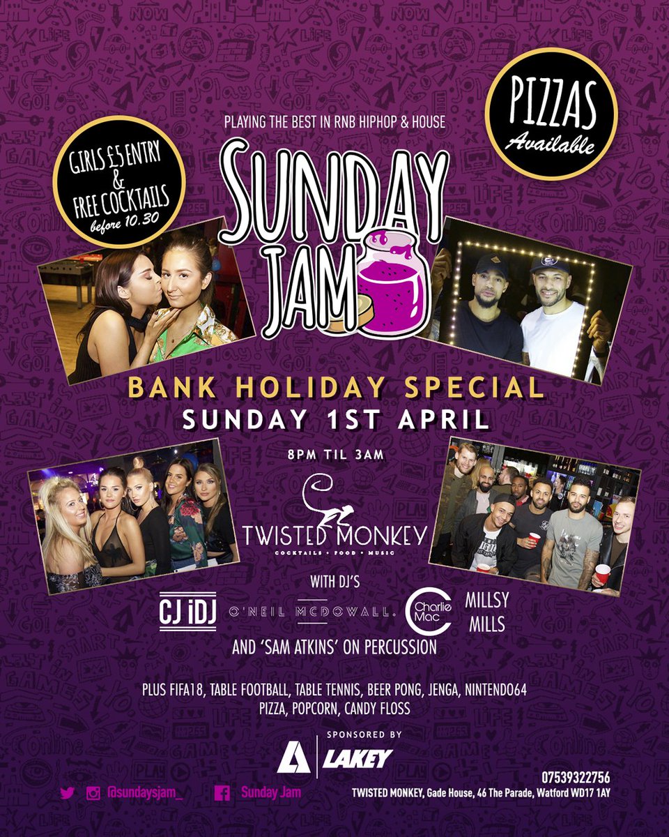 _lukejeremy's tweet image. Easter Sunday 🐣 

@SundayJam_ @TwistedMonkey_ 

Music 🎵Games 🎮 Food 🍕 
8pm - 3am 🕺🏽

Tables SOLD OUT  🚫

#NoWorkMonday #GoodVibesOnly #LetsGetTwisted