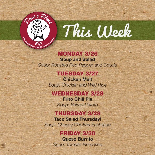 OUHSCDining's tweet image. Spring break may be over, but the week is looking great with these specials!