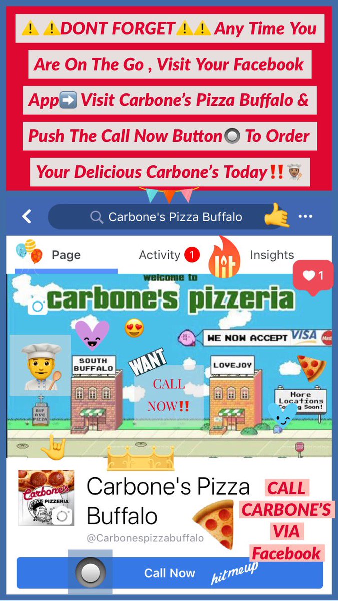 Carbonesbuffalo's tweet photo. ☎️Call Carbone’s Today By Visiting Carbone’s Pizza Facebook Page, When You Arrive To The Facebook Page! You Then Have The Option To CALL NOW🔘‼️ Place Your Carbone’s Order NOW ‼️ & Enjoy A Relaxing Night Filled With Some Delicious Carbone’s!👨🏾🍳#OrderViaFacebook🔘📞☎️ https://t.co/uzhIuwDuDO